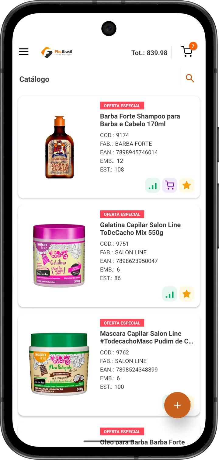 FBS Força de Vendas: catálogo do app com os produtos em oferta especial, foto, código, fabricante, EAN, embalagem e estoque