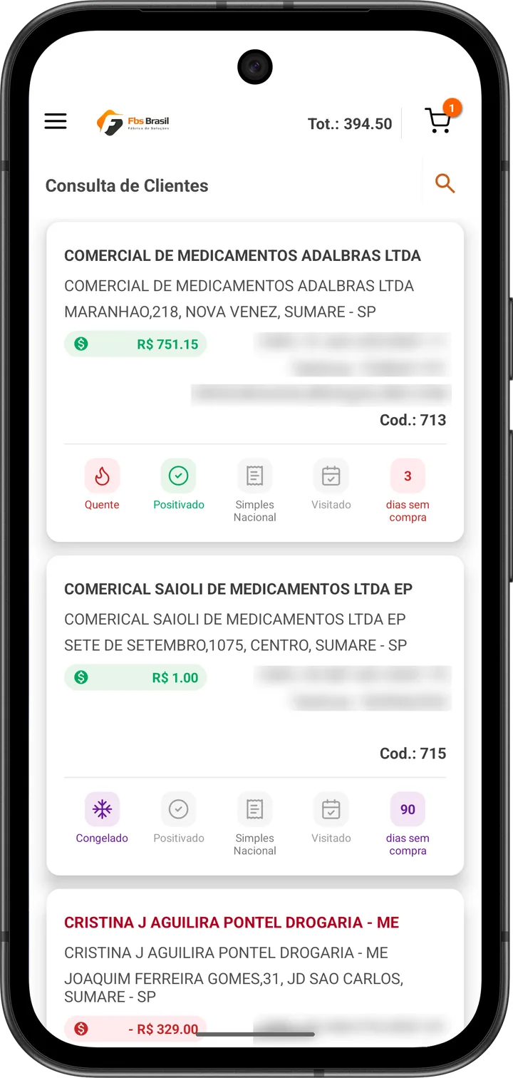 Tela de clientes do FBS Força de Vendas com o termômetro: cliente quente e positivado no mês e cliente congelado há 90 dias sem compra; CNPJ, telefone e e-mail borrados