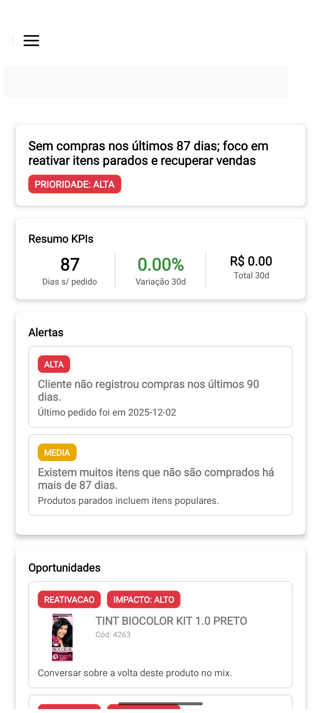Tela do FBS Mobile mostrando análise de cliente com IA — prioridade alta detectada
