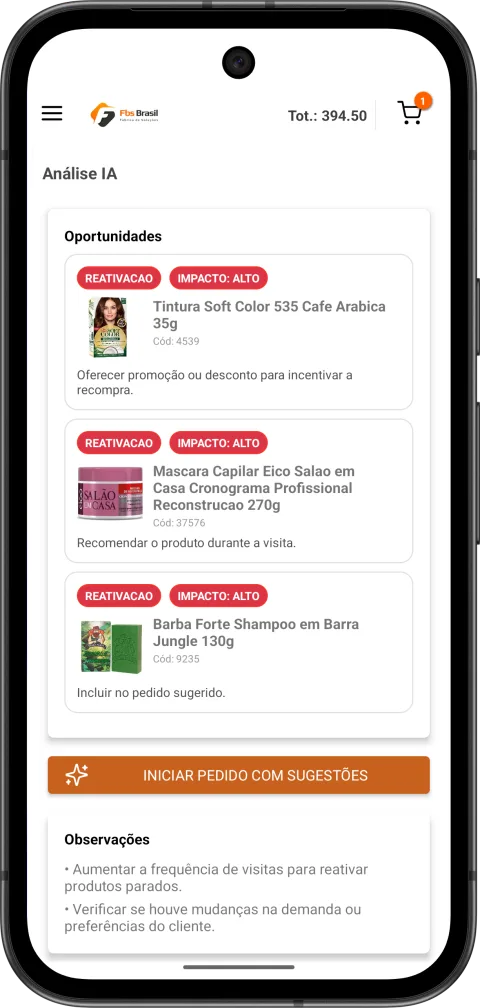 Tela do FBS Mobile mostrando oportunidades da IA e botão iniciar pedido com sugestões