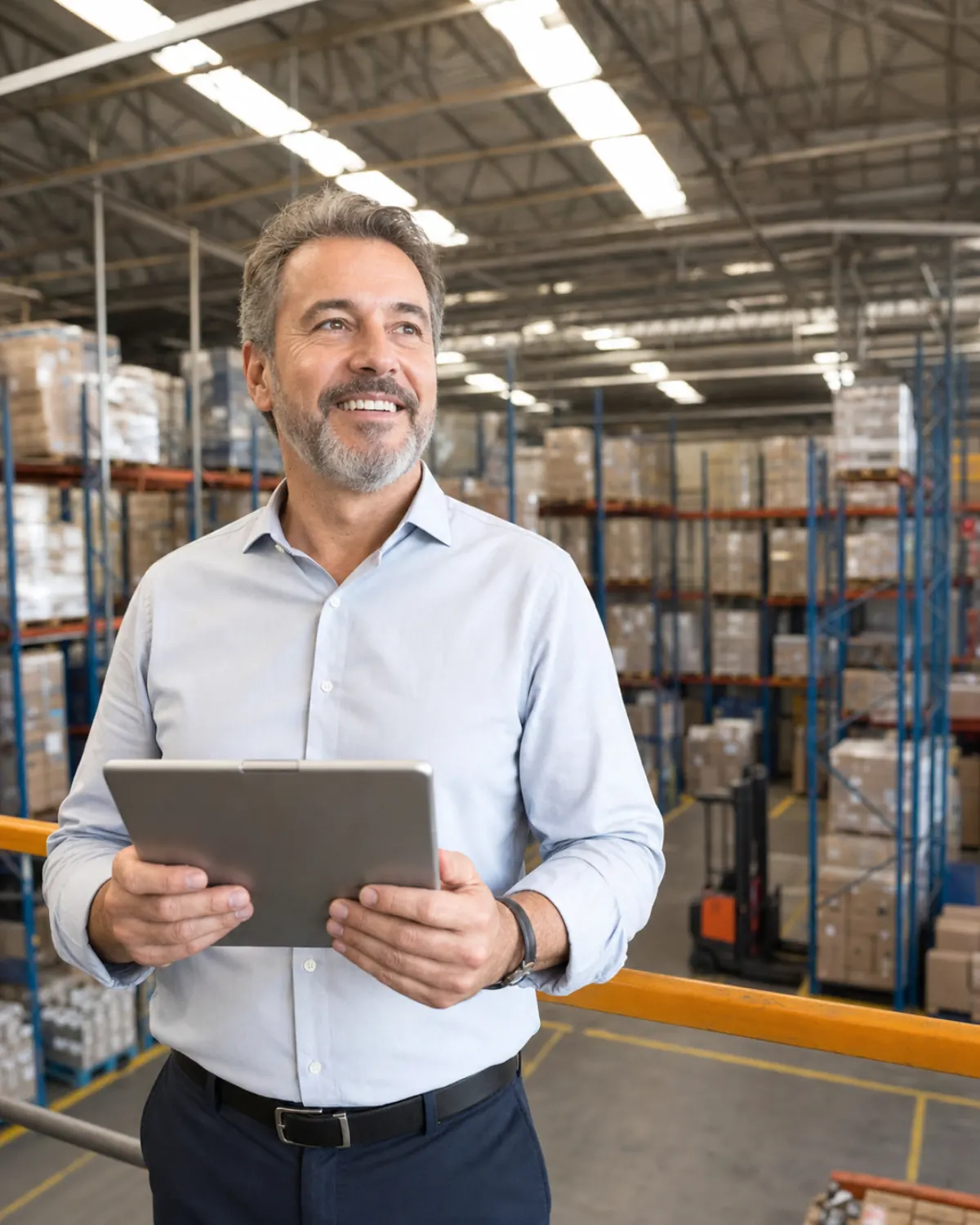 Gestor comercial no galpão acompanhando os resultados no tablet
