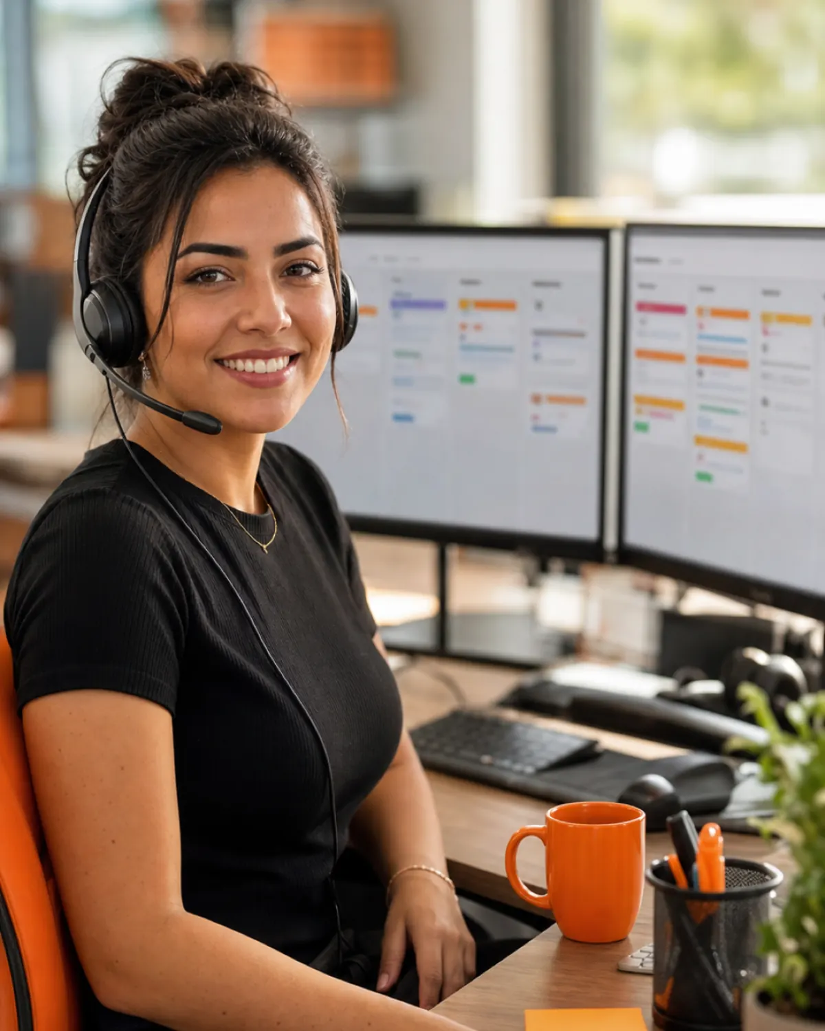 Operadora de televendas sorrindo, com headset, diante do funil de clientes na tela