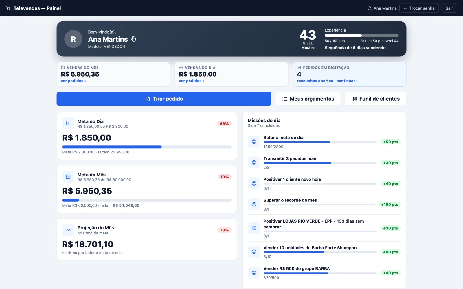 Painel da operadora no Módulo Televendas com meta do dia, meta do mês, projeção e missões do dia