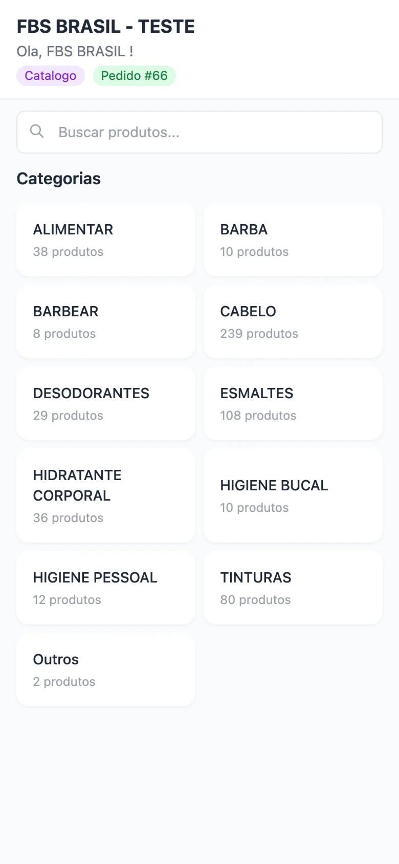 Catálogo completo por categorias, como Alimentar, Barba, Cabelo, Esmaltes e Tinturas, com a quantidade de produtos de cada uma