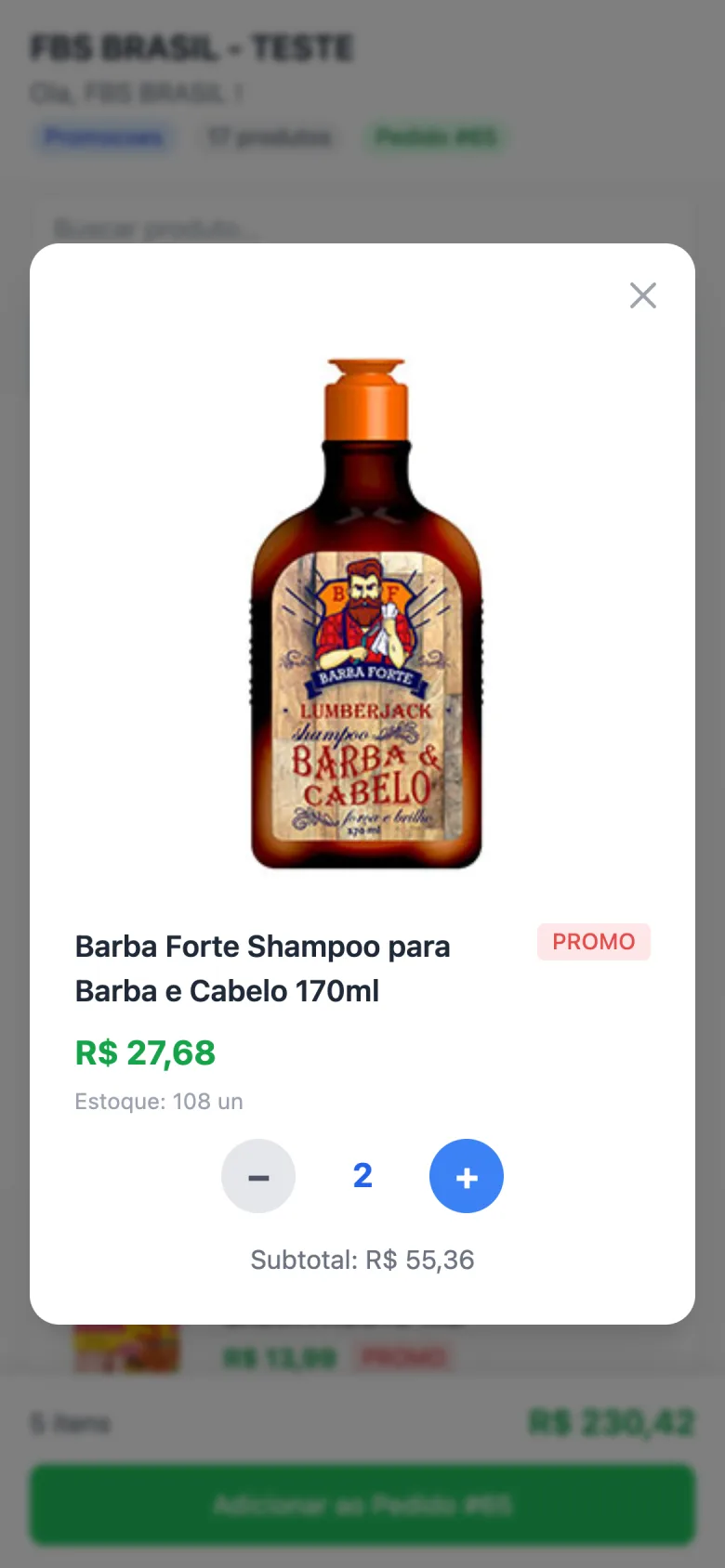 Detalhe do produto numa janela com foto grande, preço, selo PROMO, estoque, quantidade e subtotal