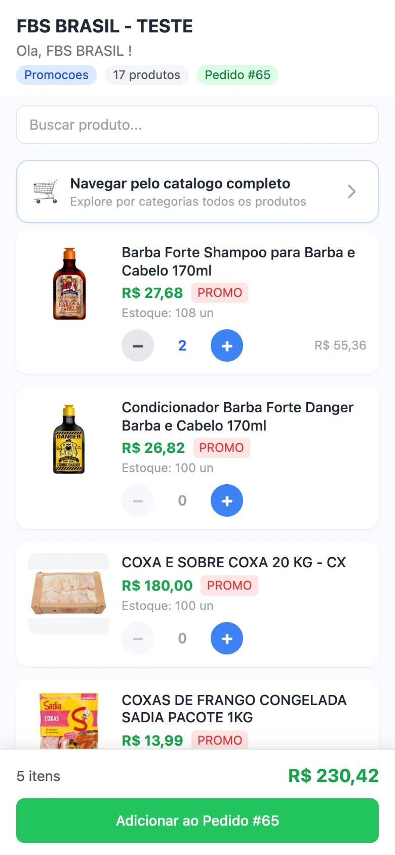 Catálogo de promoções aberto no celular, com foto, preço, estoque e o botão Adicionar ao Pedido
