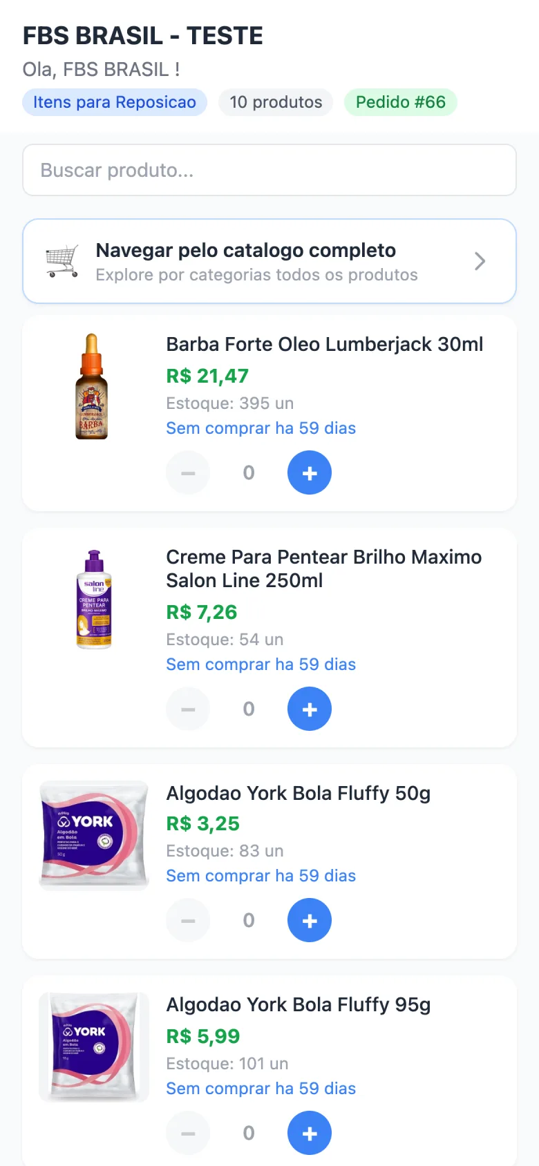 Catálogo Itens para Reposição com 10 produtos, cada um com a indicação Sem comprar há 59 dias