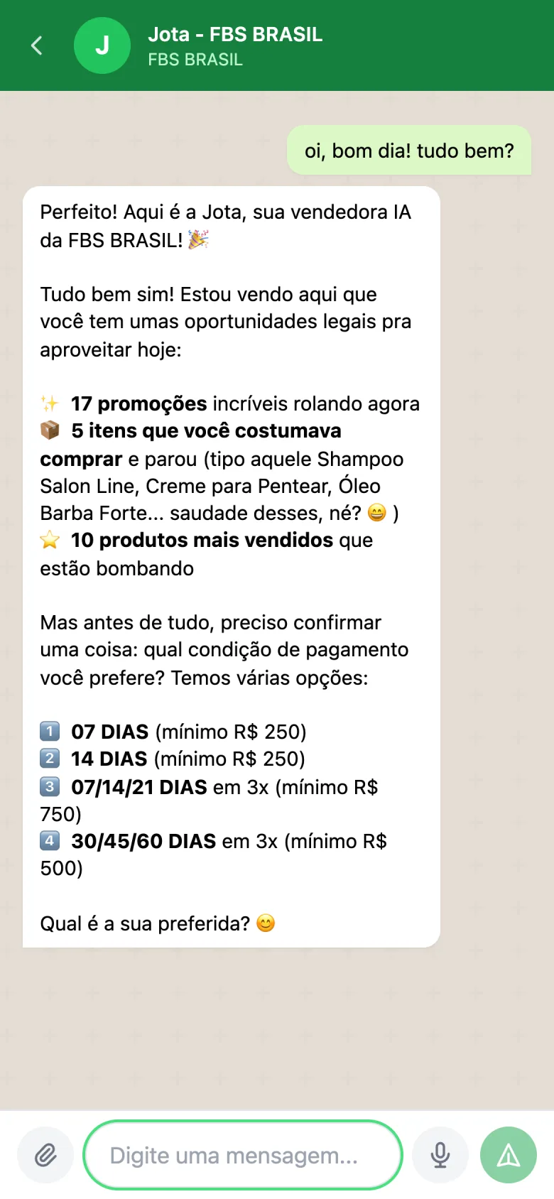 Conversa no WhatsApp com a Jota, a vendedora IA da base de teste, oferecendo promoções, reposição e mais vendidos