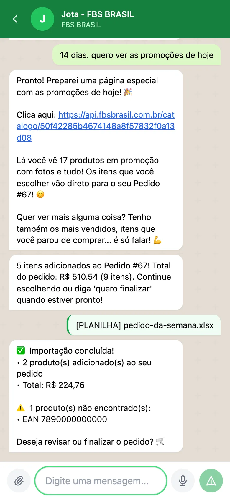 Conversa no WhatsApp: o cliente anexa a planilha pedido-da-semana.xlsx e a IA conclui a importação, adiciona 2 produtos ao pedido, informa o total e avisa o EAN não encontrado