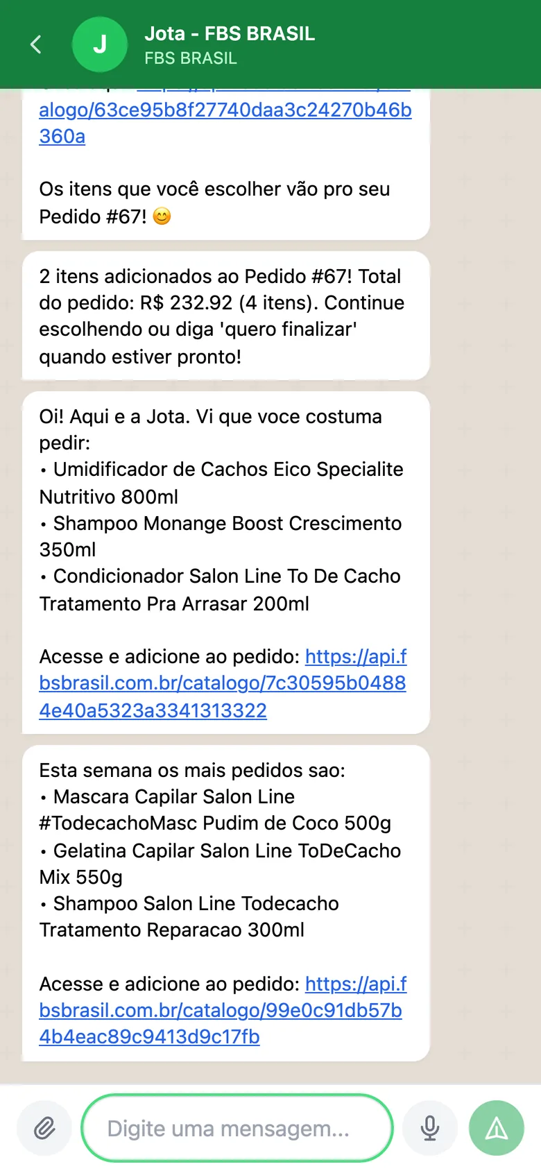 Conversa no WhatsApp: com o carrinho parado, a Jota manda sozinha os produtos que o cliente costuma pedir com link e, depois, os mais pedidos da semana com link