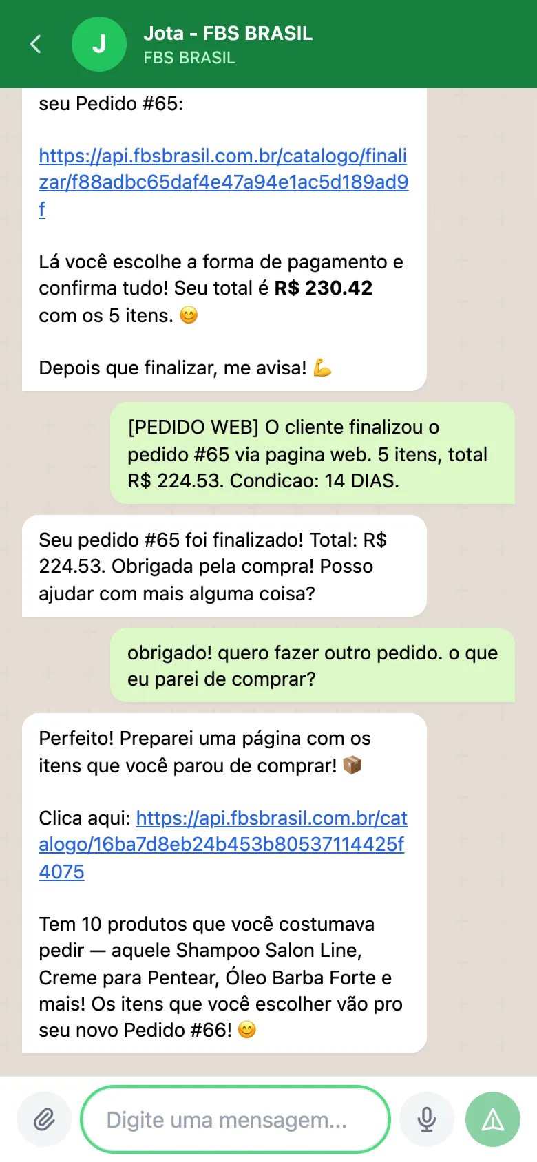 Conversa no WhatsApp: o cliente pergunta o que parou de comprar e a IA manda o link com os itens para reposição