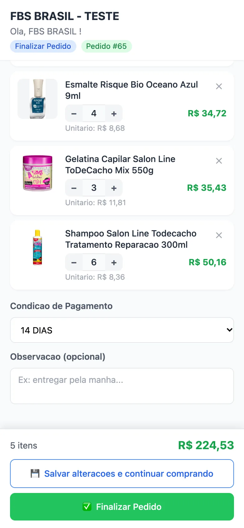 Página de finalização com itens, condição de pagamento 14 DIAS, campo de observação e o botão Finalizar Pedido