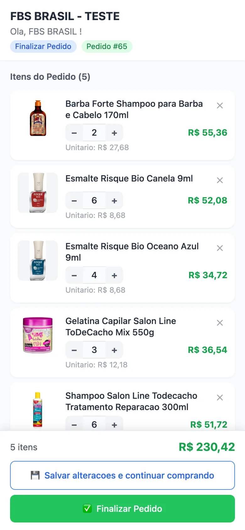 Página de finalização do Pedido #65 com os itens, quantidades, preço unitário, total e os botões Salvar alterações e Finalizar Pedido